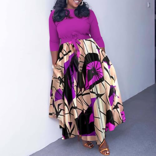 Image of BFFBABY Women's Wrap V Neck Plus Size Maxi Dresses 3 /4 Sleeves Chain Floral Printed Swing Dress with Belt