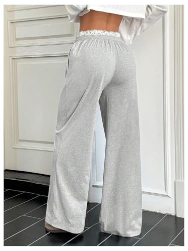 WDIRARA Women's Lace Trim Drawstring Waist Wide Leg Pants Loose Lounge Pants with Pockets3