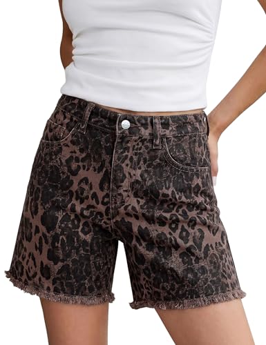 luvamia Jean Shorts for Women Trendy High Rise Mid Thigh Cheetah Leopard Print Raw Hem Stretch Denim Casual Summer Jorts Brown Leopard Size Medium Fits US 8-10