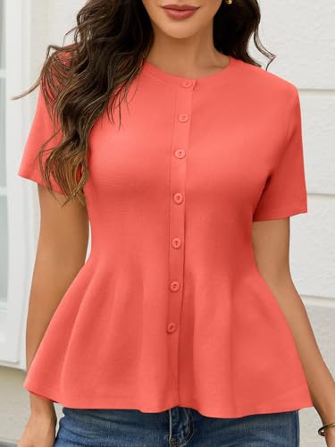 Image of Saodimallsu Womens Short Sleeve Cardigans Ruffle Button Down Crew Neck Peplum Babydoll Knit Sweater Tops