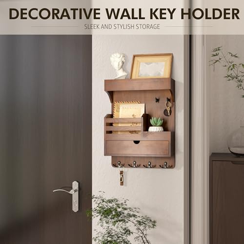 Rebee-Vision-Key-Holder-Wall-Mount-with-Drawer-Organizer-for-EntrywayBrown-Pine-Wood-6-Key-Hooks-Display-Shelf-for-Plants-Mail-Slot-for-Storage-Letter-Multi-Funtional-Design-Home-Storage