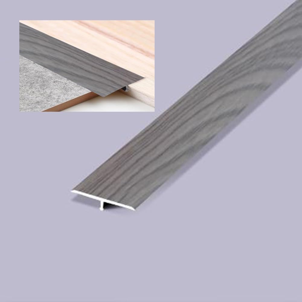 Psmpengamz Gray T-Molding Floor Transition Strip 35.4In/90Cm Flat Divider Strips, Aluminum Threshold Floor Joining Strip Gap Covering - Wood Grain Finish(,W4cm)