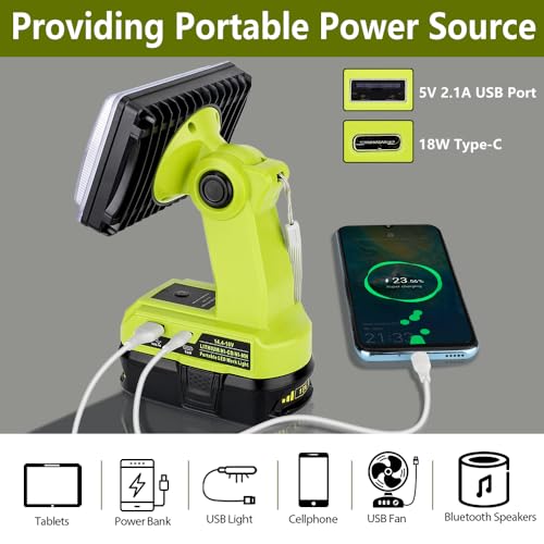 Image of Choerinton Work Light Compatible with Ryobi 18V Battery, 18W Light Cordless Portable Jobsite with USB Charging Port, 20000LM Outdoor Rechargeable LED Floodlight for Car Repair, Camping, Hiking