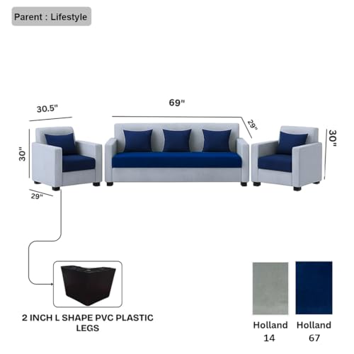 Image of FURNY Lexon 5 Seater Fabric 3+1+1 Sofa Set (Dark Blue-Light Grey) Premium Velvet Finish | Durable & Comfortable | Ideal for Living Room