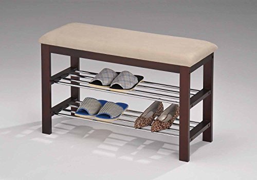 Legacy Decor Banco de zapatos de madera de nogal y beige con dos estantes de metal y cojín de asiento de vinilo