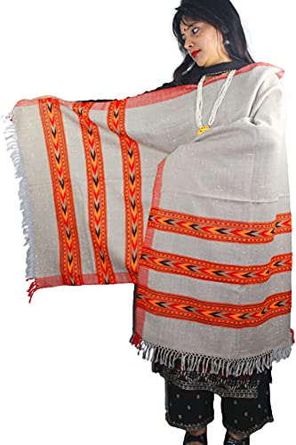 ARUNA KULLU HANDLOOM PURE CHASHMERE PASHMINA HAND WOVEN TRIPLE BORDER KULLU STOLE WOOL WRAP FOR WOMEN & GIRLS LIGHT GREY