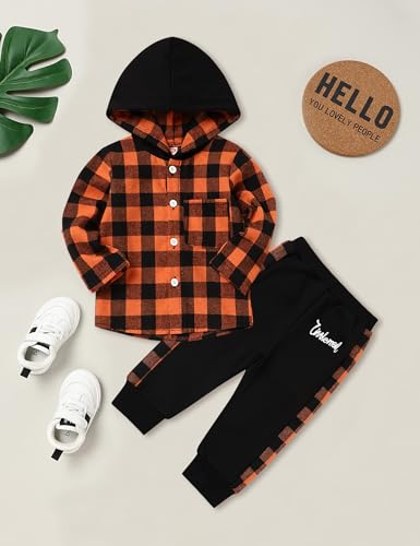 Image of Fuermos Toddler Baby Boys Clothes Flannel Lattice Button Down Hooded Tops +Pants Boys Fall Winter Outfits