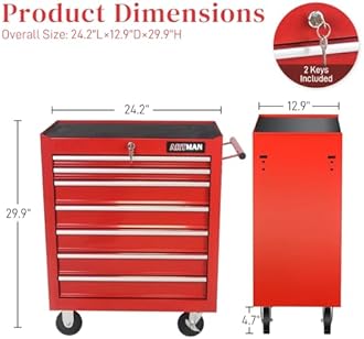 Rolling Tool Chest with 7-Drawer Tool Box with Wheels Multifunctional Tool Cart Mechanic Tool Storage Cabinet for Garage, Warehouse, Workshop, Repair Shop (Red)