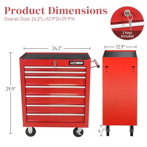 Rolling Tool Chest with 7-Drawer Tool Box with Wheels Multifunctional Tool Cart Mechanic Tool Storage Cabinet for Garage, Warehouse, Workshop, Repair Shop (Red)