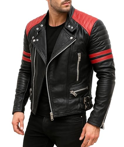 Mens Café Racer Brando Red Stripes Vintage Retro Quilted Motorcycle Biker Black Lambskin Leather Jacket