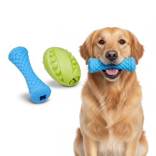 Image of Amazon Basics Treat Dispensing Dog Toy Combo | Squeaky Ball & Interactive Bone | Durable Rubber | Mental Stimulation & Teething | for Puppies & Small Dogs