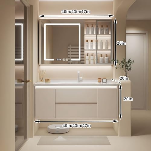 Modern Wall Mounted Floating Bathroom Vanity with Integrated Ceramic Sink, No Assembly Required, Hanging LED Intelligent Lighted Sensor and Demisting Mirror, Cabinet Spaces