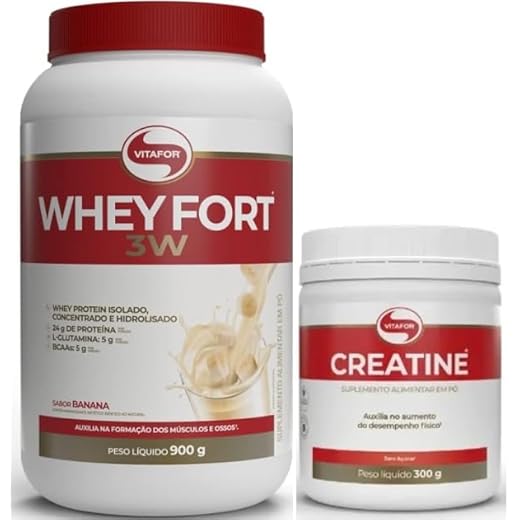 Kit Whey Fort 3W Pote 900g Sabores + Creatina Vitafor 300g (900g+300g, Banana)