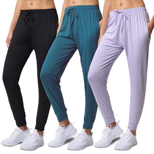 3 Pack: Women's Ultra-Soft Silky Dry Fit Lounge Joggers Lightweight Dry-Fit Pants with Pockets (Available in Plus)
