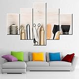 Wall Art for Living Room Barber Salon Pictures Hairdressing Accessories Paintings 5 Panel Prints Canvas Hair Clippers Artwork House Decor Wooden Framed Gallery-Wrapped Ready to Hang(60''W x 40''H)