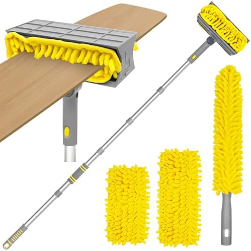 TidyBliss 77” Ceiling Fan Blades Cleaner Duster with Extension Pole, Extendable Flexible Dust Cleaning Brush, Reusable Chenille Mop for Baseboard Wall Floor Blinds Cobweb