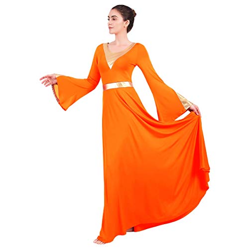 image for OwlFay Metallic Gold Bell Long Sleeve Praise Dance Dress for Women Shi