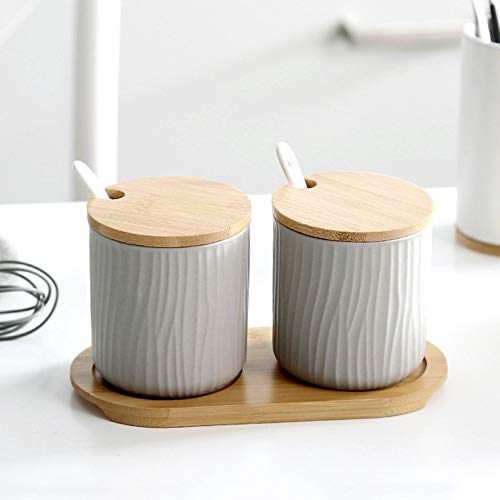 OnePine 2er Set Keramik Gewürzdosen Zuckerdose Keramik Zucker Schüssel mit Löffel und Bambus Deckel für Tee Zucker Salz Gewürze Bei Zuhause… – Ansicht 3