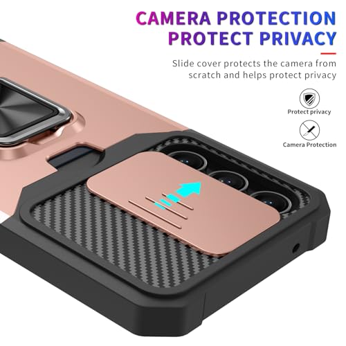 Image of LuxuryKase Shockproof Armor Case for Samsung Galaxy S26 | Slide Camera Cover | Hidden Card Slot | Rotating Ring Kickstand | Magnetic Car Mount Support | Military Grade Protection - Rose Gold
