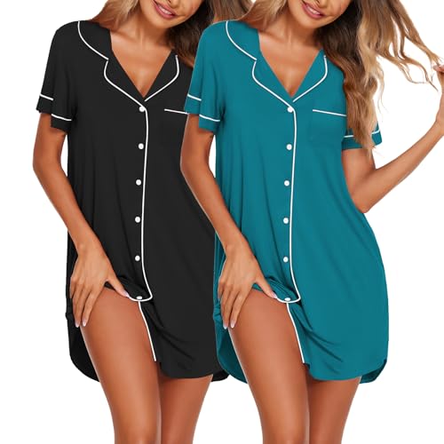 Image of Ekouaer Nightgowns for Women 2 Pack Button Down Sleepwear Short Sleeve Sleepshirts Soft Nightshirts Boyfriend Pajama Dress