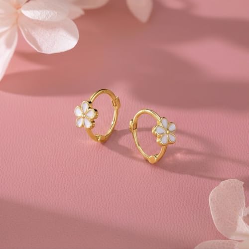 Image of Reffeer Solid 925 Sterling Silver Flower Hoop Earrings Huggie for Women Teen Girls Daisy Hoop Earrings Cartilage Helix Earrings