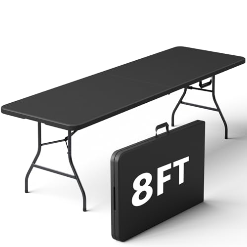 Image of Folding Table, 8FT Foldable Picnic Table with Carrying Handle, Heavy Duty Fold-in-Half Portable Table for Weddings, Camping, RV Travel, Parties, BBQs, and Indoor Use, Easy to Fold and Store