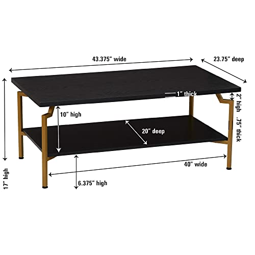 Household Essentials Crown Rectangular Coffee Table With Storage Shelf Black Oak Wood Grain And Gold Metal #TOP2