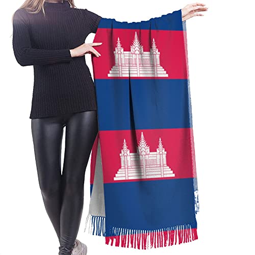 cambodian-flag Womens Winter Scarf Cashmere Feel Shawl Wrap Soft Warm Blanket Scarves Fringe Scarf2