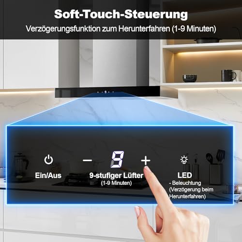 TopStrong Dunstabzugshaube 60cm, abzugshaube Umluft/Abluft, Dunstabzug mit 700 m³/h Luftstrom,Dunstabzug 60cm Edelstahl, 9 Stufen Soft Touch Steuerund, 2W LED-Licht