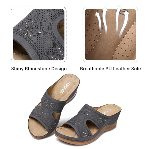 Image of TEMOFON Women Wedge Sandals Dressy: Comfortable Lightweight Summer Shoes | Low Wedge Heel - Fit Wide Feet - Comfy Stylish Slip on Sandals Size 5-11