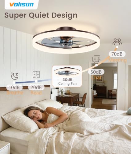Image of VOLISUN Low Profile Ceiling Fans with Lights and Remote, 24in Fandelier Ceiling Fan Flush Mount, 3000K-6500K Smart Bladeless LED Fan Light, Brown Modern Ceiling Fans with Lights for Bedroom