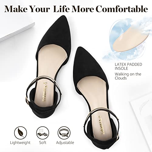 Zelaprox Women's Black Pointed Toe Flats Rhinestone Bow Ankle Strap Ballet Flats Comfortable Slip On Flats Light Weight Suede Dress Shoes3