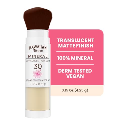 Image of Hawaiian Tropic Mineral Powder Sunscreen Brush SPF 30, 0.15 Oz | Mineral sunscreen for face, Translucent matte finish, Travel size, Use under or over makeup, Non-comedogenic