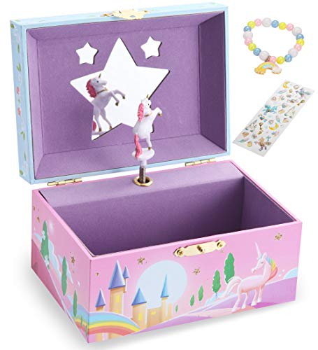 Unicorn Girls Musical Jewelry Box With Star Shaped Mirror, Spinning Unicorn and Unicorn themed Bracelet & Stickers