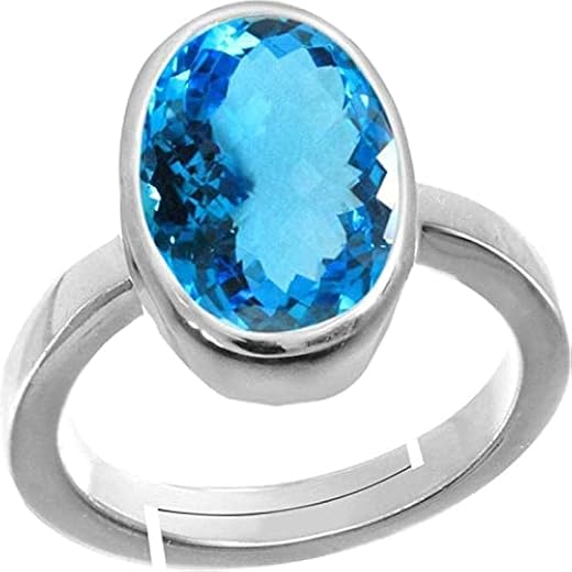 S Kumar Gems & Jewels 9.25 Ratti Blue Topaz Free Lab Tested Report Silver Plated Adjustable Ring for Men and Women