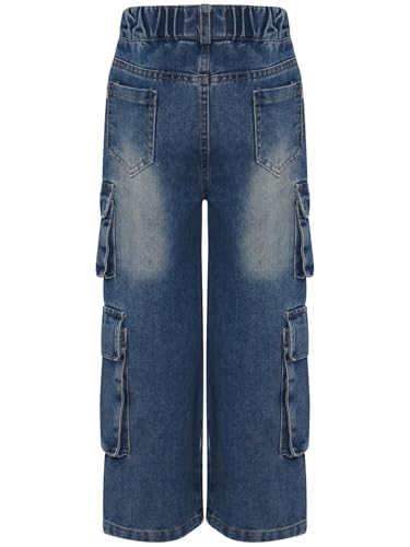 Hularka Kids Girls Wide Leg Cargo Jeans Elastic Waist Denim Pants Streetwear Casual Trousers with Flap Pockets4