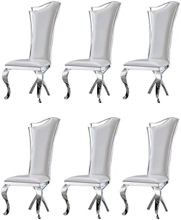 SSLine Modern Luxury Dining Chairs Set of 6 White Leather Kitchen Dining Room Chair with Silver Mirrored Stainless Steel Legs High-End Upholstered Chairs for Living Room Meeting Room
