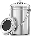 KICHLY Compost Bin, Stainless Steel Bin for Kitchen Countertop, 1.3 Gallon Composting Bucket, Compost Pail with Lid, Includes 1 Spare Charcoal Filter, Silver