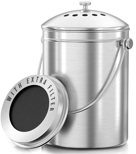 KICHLY Compost Bin, Stainless Steel Bin for Kitchen Countertop, 1.3 Gallon Composting Bucket, Compost Pail with Lid, Includes 1 Spare Charcoal Filter, Silver