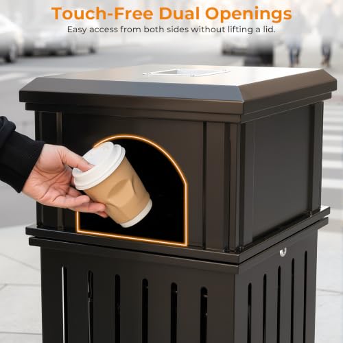 Image of BEAMNOVA Commercial Outdoor Trash Can with Lid, Black, 15.8 * 35.5 in | Garbage Can Outside Metal Heavy Duty Waste Container for Patio, Business, Motel Room, Pool Area, Exterior Public Area