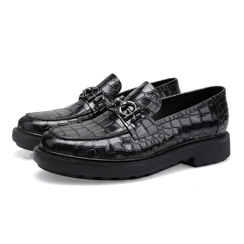 Premium Mens Leather Dress Shoes, Classic Casual Crocodile Printed Business Buckle Dress Slip on Penny Loafer Party Wedding Shoes for Mens, Black, 11