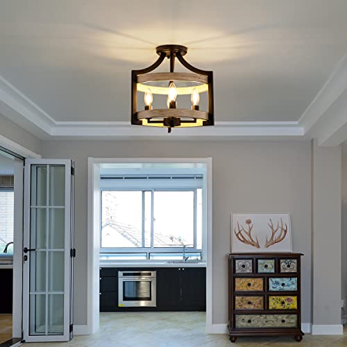 4 Lights Farmhouse Chandelier Convetible Semi Flush Mount Ceiling Light, Black Metal + White Brich Finish Light Fixture For Kitchen Island Dining Living Room Foyer Entryway,Height Adjustable, 14.5". #TOP5