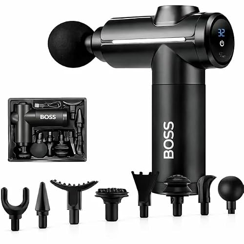 BOSS Handheld Massage Gun, Deep Tissue Body Massager with 8 Heads, 32 Speed Settings, Ultra-Quiet Motor, LCD Display, Type-C Fast Charging, Long Battery Life for Relaxation & Fitness Black