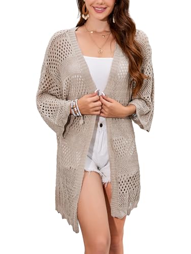 Famulily Women's Crochet Hollow Summer Cardigans Open Front 3/4 Sleeve Sun-Proof Cardigans (XL, Khaki)