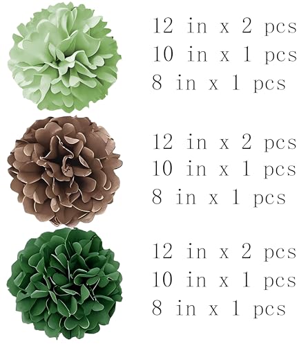 Image of Tissue Paper Pompoms Paper Flower 12 Pcs Green Brown Paper Flower Ball for Birthday Party Baby Shower Bridal Shower Party Decoration