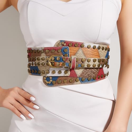 Generic Women's Elastic Skinny Belt Stitched PU Leather Bronze Tacks Vintage Wide Waist Cinch Belt for Women Girl Dress, Width 3.9 inch, 70CM4