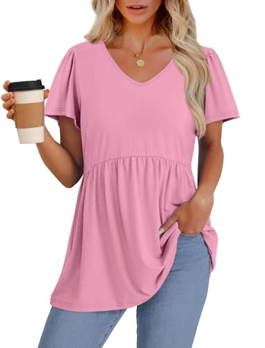 Image of OFEEFAN Womens Summer Tops Babydoll Short Sleeve Shirts Puff Sleeve Peplum Tops V Neck T Shirts