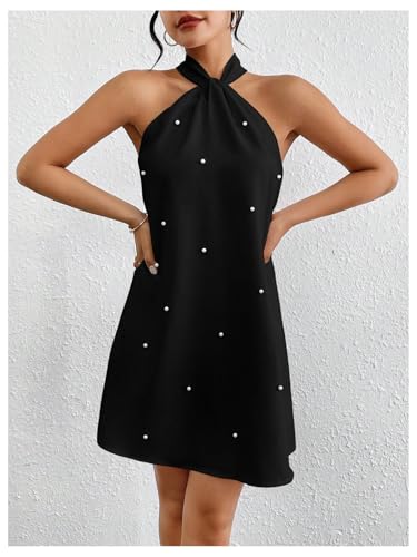 Image of Floerns Women's Pearl Beaded Halter Twist Sleeveless Tie Back Dress A Line Dress
