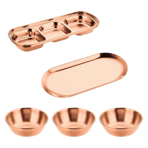 Pumixiy Juego de 5 platos de acero inoxidable con bandeja de almacenamiento y cuencos de inmersión para cocina, comedor, fiestas, barbacoas y organización de condimentos (oro rosa)