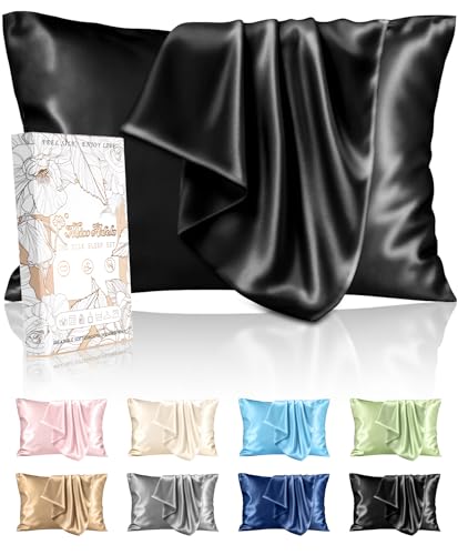 Miss Adola Silk Pillowcase 2 Pack - Pillow Cases Standard Set of 2 Size 20" x 26" for Hair and Skin Smooth Soft Breathable with Hidden Zipper Cooling Pillow Covers for Sleeping Women, Black